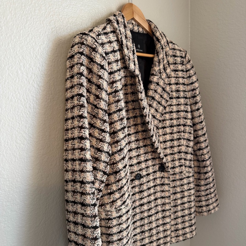 Anine Bing Diana Double Breasted Relaxed Fit Blazer in Apricot Tweed, X-Large - Picture 5 of 16